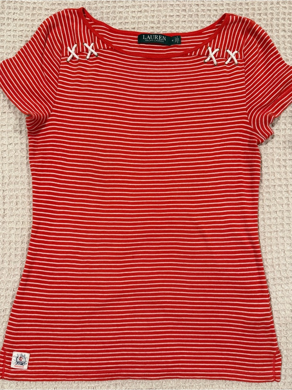 Ralph Lauren Red and White Striped Short-Sleeve Knit Top